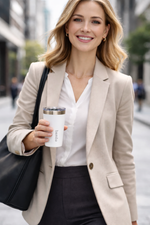 Load image into Gallery viewer, Woman in professional attire holding a bamba branded coffee cup on a city street.
